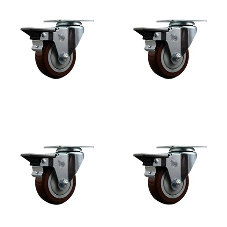 Service Caster 3.5'' Maroon Poly Wheel Swivel Top Plate Caster Set Posi Brake, 4PK SCC-20S3514-PPUB-MRN-PLB-4